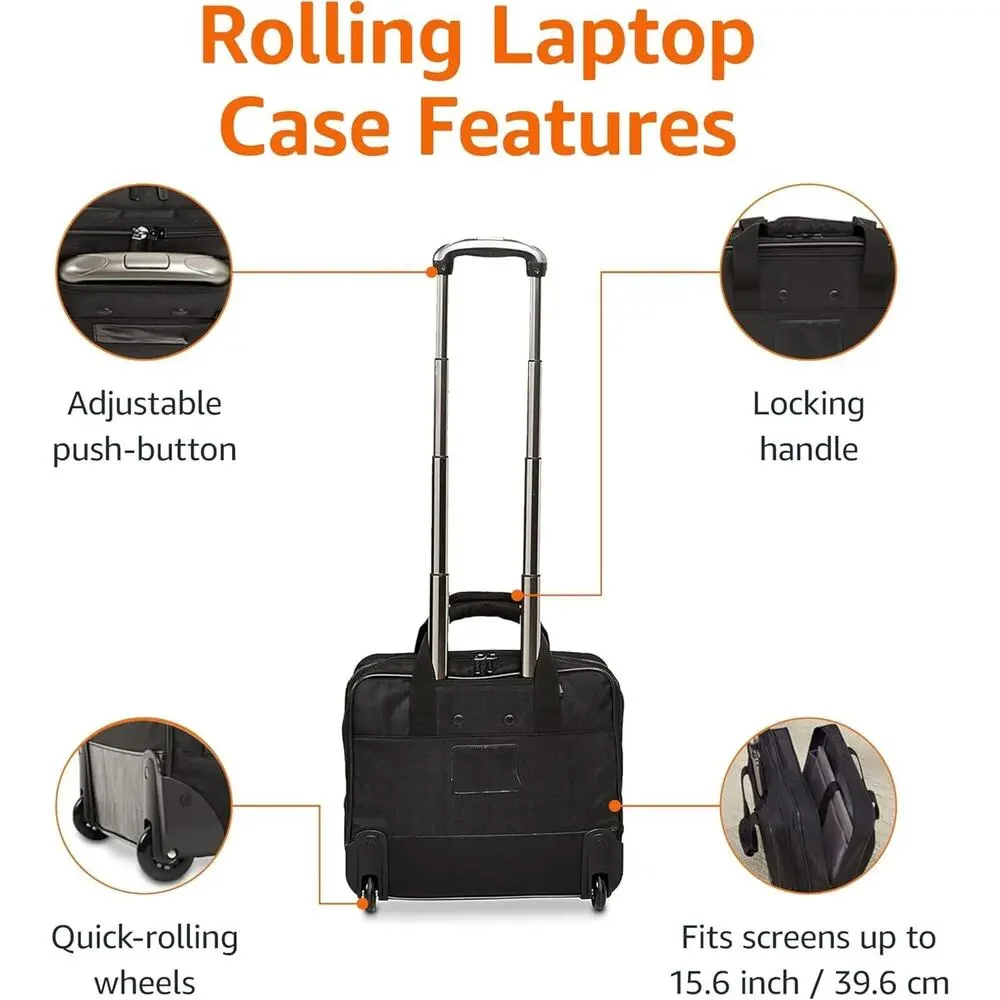 Amazon Basics Rolling Wheeled Laptop Bag, 15.6 in, Black, Sturdy with Compart...